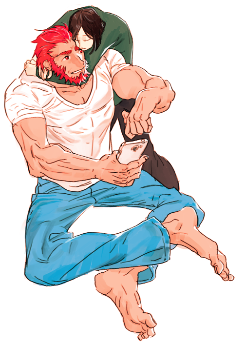 2boys, barefoot, beard, black_hair, casual, cellphone, facial_hair, fate/zero, fate_(series), ffo1013, hug, multiple_boys, necktie, phone, redhead, rider_(fate/zero), smartphone, waver_velvet