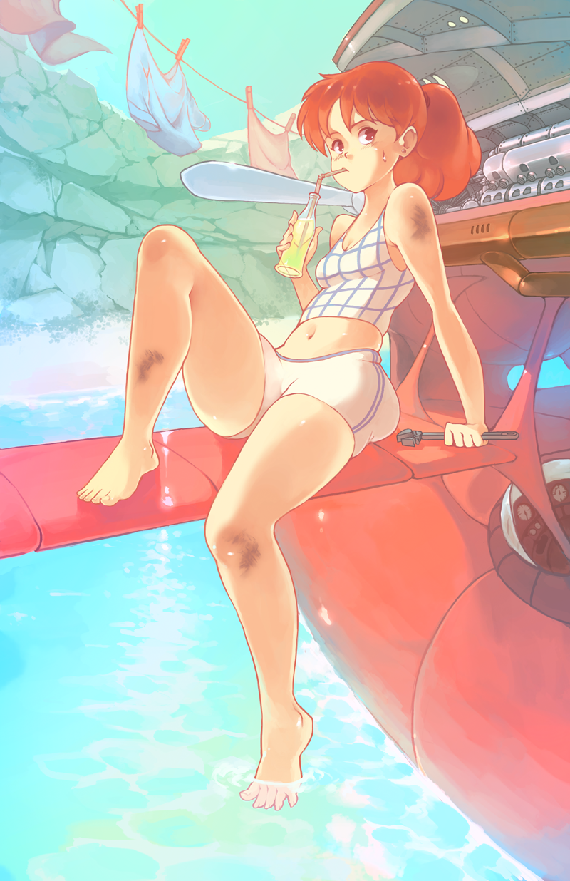 1girl, airplane, barefoot, camisole, dirty_face, drinking_straw, feet_in_water, fio_piccolo