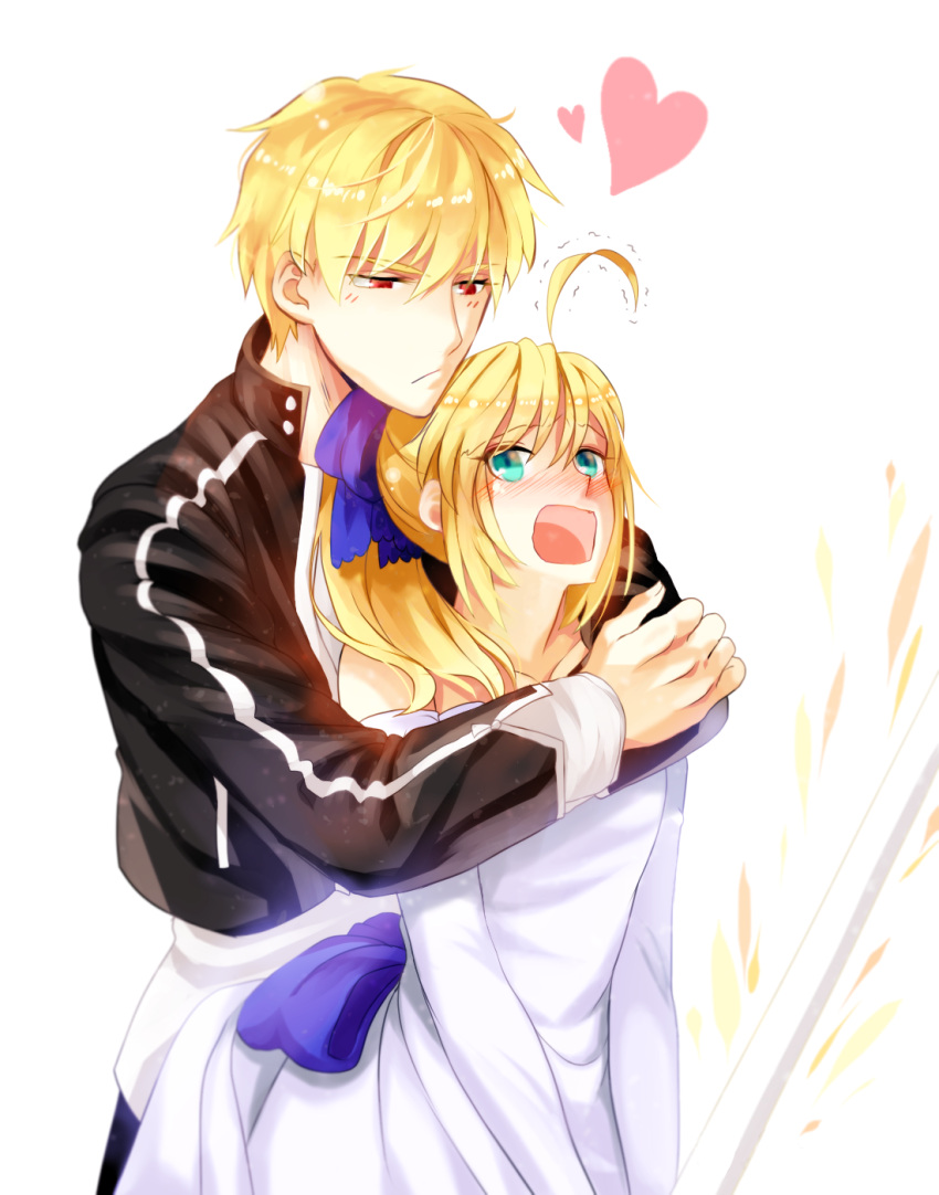 1boy, 1girl, ahoge, blonde_hair, blush, dress, fate/stay_night, fate_(series)