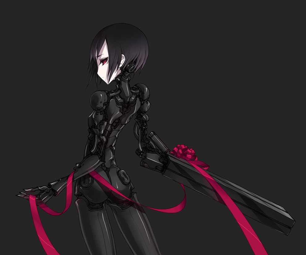 1girl, arm_cannon, black_background, black_hair, blame!, bow, cyberpunk, cyborg