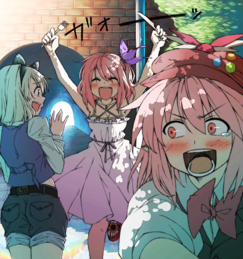 3girls, alternate_costume, anarogumaaa, arms_up, blush_stickers, bob_cut, casual, closed_eyes, contemporary, denim, denim_shorts, dress, highres, konpaku_youmu, looking_at_another, looking_back, multiple_girls, mystia_lorelei, open_mouth, outdoors, pink_dress, pink_eyes, pink_hair, saigyouji_yuyuko, scared, short_hair, shorts, silver_hair, tears_in_eyes, touhou, tunnel
