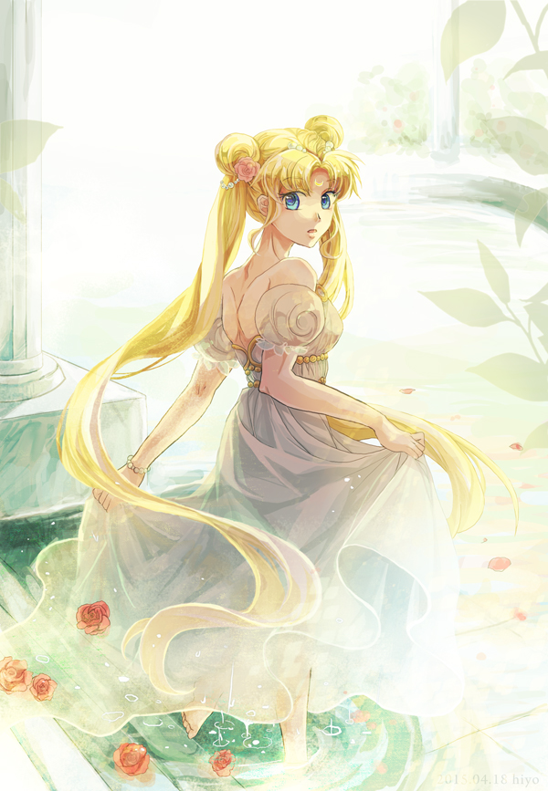 artist_name, bishoujo_senshi_sailor_moon, blonde_hair, blue_eyes, bracelet, column, dated, double_bun, dress, dripping, flower, from_behind, hair_flower, hair_ornament, hiyoya, jewelry, long_hair, open-back_dress, partially_submerged, petals, pillar, skirt, skirt_lift, stairs, strapless_dress, tsukino_usagi, very_long_hair, white_dress