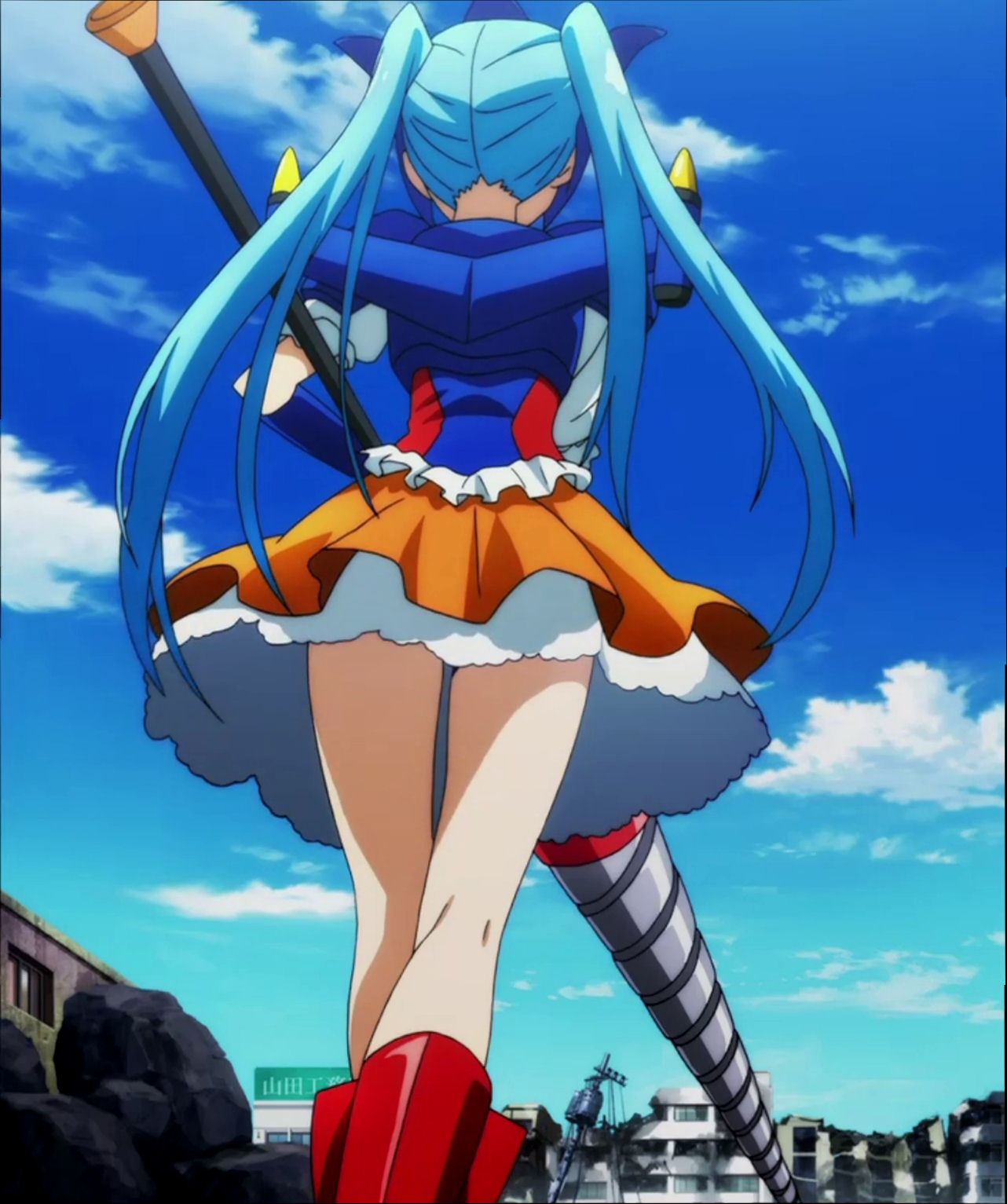 1girl, aqua_hair, back_view, boots, drill, getter_liger, highres, liga-sama