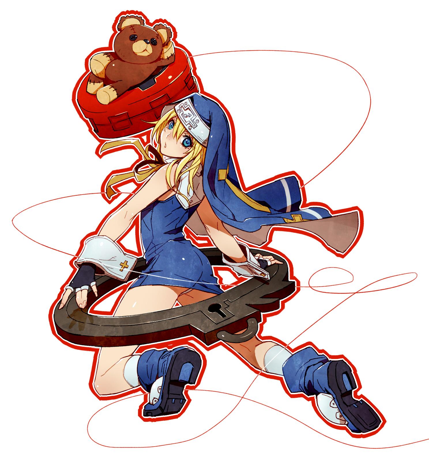 1boy, blonde_hair, blue_eyes, bridget_(guilty_gear), fingerless_gloves, gloves, guilty_gear, habit, highres, skirt, stuffed_animal, stuffed_toy, sumakaita, teddy_bear, trap, yo-yo