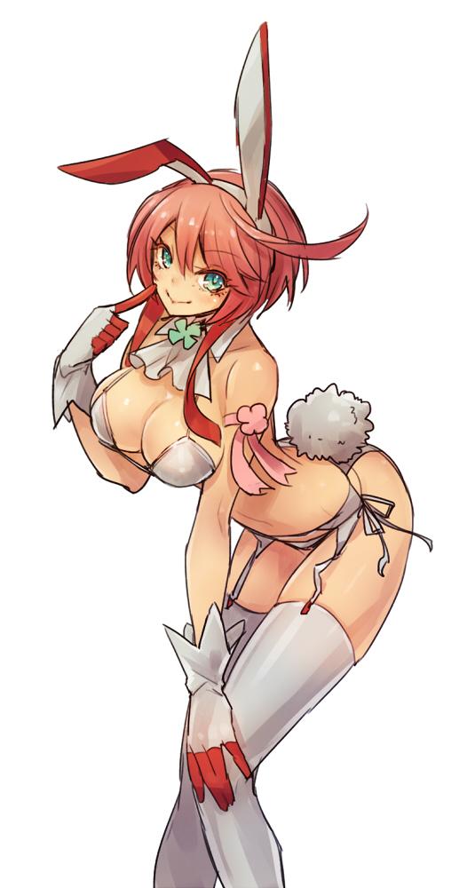 alternate_costume, animal_ears, bare_shoulders, bunny_tail, elphelt_valentine, garter_belt, gloves, green_eyes
