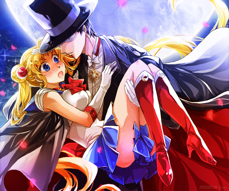 artist_name, bishoujo_senshi_sailor_moon, black_hair, blonde_hair, blue_eyes, boots, bowtie, cape, carrying, chiba_mamoru, dated, elbow_gloves, frilled_skirt, frills, gloves, hair_ornament, hat, high_heel_boots, high_heels, hiyoya, knee_boots, long_hair, mask, moon, petals, sailor_moon, skirt, sparkle, top_hat, tsukino_usagi, tuxedo_kamen, very_long_hair