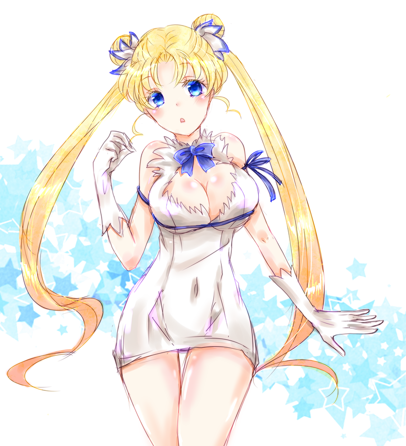 bishoujo_senshi_sailor_moon, blonde_hair, blue_eyes, blush, breasts, cleavage, double_bun, dress, dungeon_ni_deai_wo_motomeru_no_wa_machigatteiru_darou_ka, flower, gloves, hair_flower, hair_ornament, hestia_(danmachi)_(cosplay), kiyama_momoko, large_breasts, long_hair, rei_no_himo, ribbon, short_dress, star, starry_background, tsukino_usagi, very_long_hair