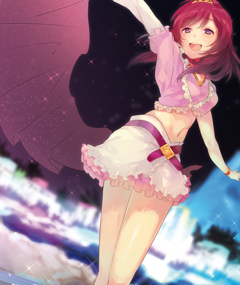 1girl, :d, belt, dutch_angle, love_live!_school_idol_project, midriff, miseinen, navel, nishikino_maki, open_mouth, redhead, short_hair, smile, solo, sparkle, tiara, violet_eyes