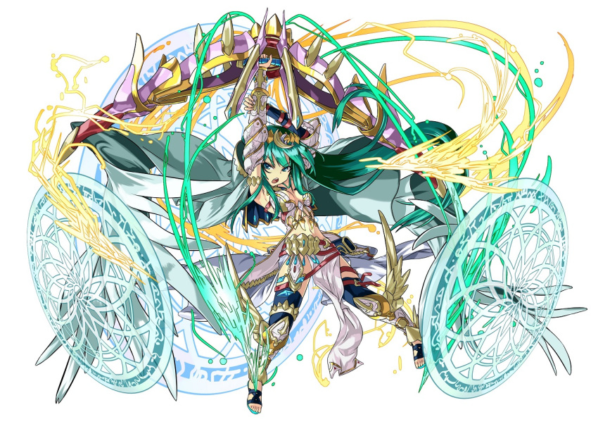 1girl, armor, armpits, artemis_(p&amp;d), bow_(weapon), breasts, cape, cleavage, green_eyes, green_hair, kei_(keiclear), magic_circle, midriff, navel, puzzle_&amp;_dragons, solo, weapon