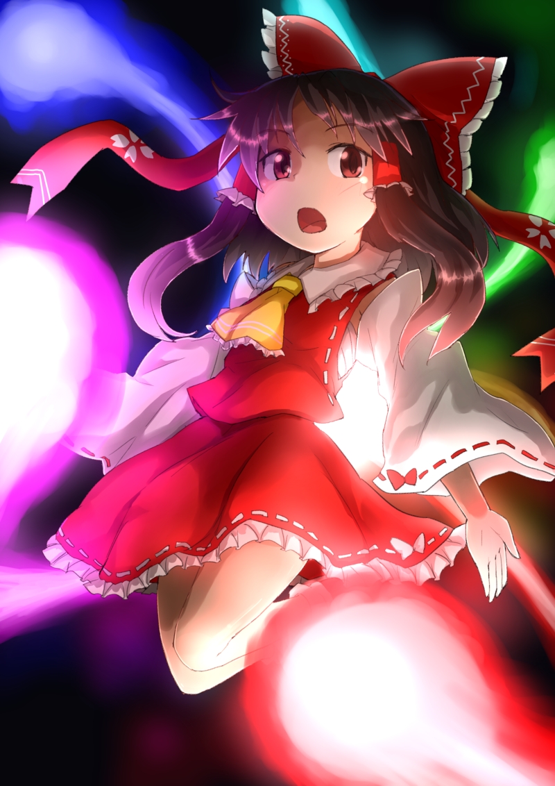 1girl, ascot, bow, brown_hair, casting_spell, d:, dai-erie, danmaku