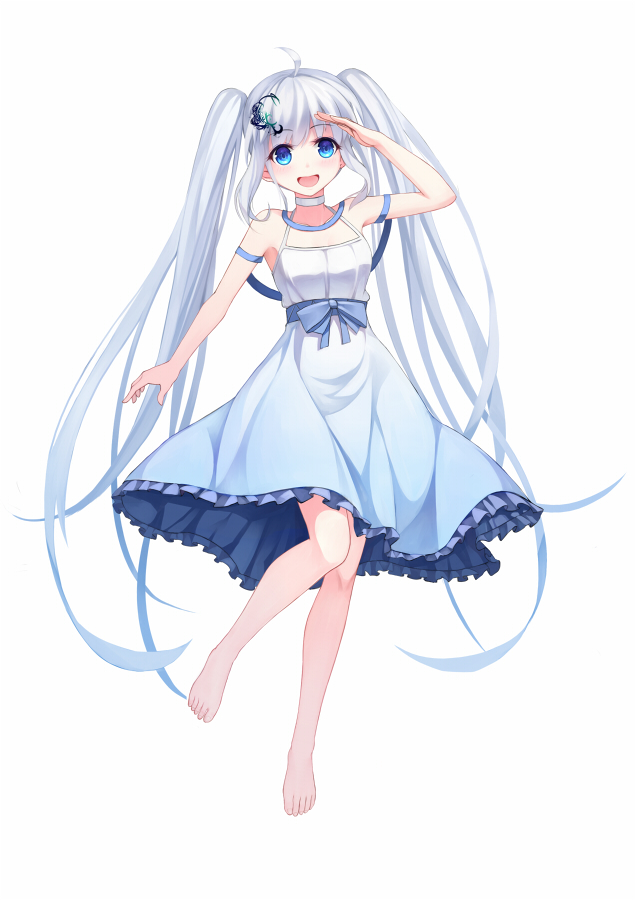 1girl, ahoge, aqua_dress, arm_ribbon, barefoot, blue_eyes, choker, dress, gradient_dress, hair_ornament, long_hair, looking_at_viewer, open_mouth, original, ribbon, salute, silver_hair, sleeveless, sleeveless_dress, smile, solo, standing_on_one_leg, twintails, very_long_hair, white_dress, xiaoyin_li