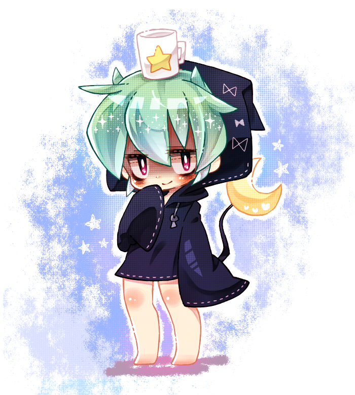 barefoot, blush, crescent_moon, cup, full_body, green_hair, moon, mug
