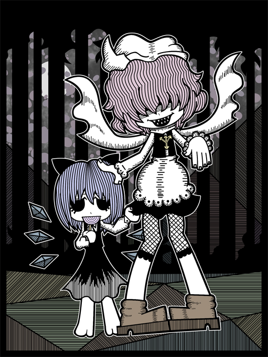 blue_hair, candy, cape, cirno, genkidaun, hair_over_eyes, letty_whiterock, lollipop