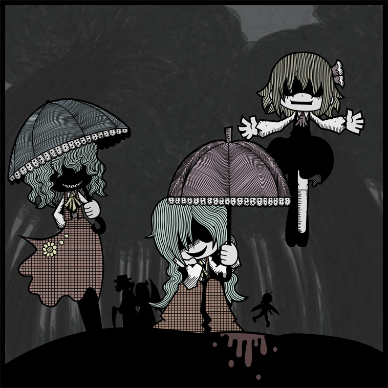 antennae, ascot, blonde_hair, blood, bow, dual_persona, elly, faceless, floating, flower, forest, genkidaun, green_hair, hair_bow, hair_over_one_eye, kazami_yuuka, kazami_yuuka_(pc-98), kurumi_(touhou), multiple_girls, nature, no_eyes, parasol, plaid, plaid_pants, plaid_skirt, plaid_vest, rumia, shaded_face, sharp_teeth, short_hair, sitting, skirt, skirt_set, smile, touhou, touhou_(pc-98), umbrella, unmoving_pattern, wings, wriggle_nightbug