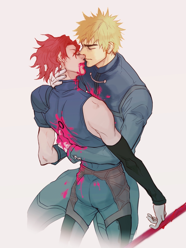 2boys, ass, blonde, blood, blue_eyes, cosplay, duo, fate/zero_(parody)