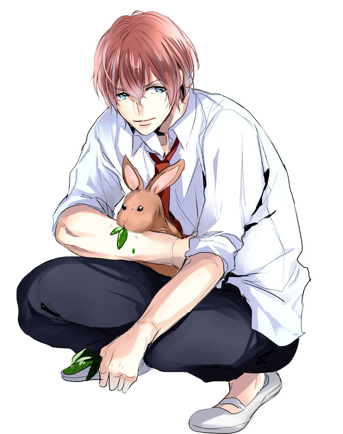 animal, blue_eyes, light_background, male, orange_hair, rabbit, shinkai_hayato, shoko_makiko, simple_background, solo, white_background, yowamushi_pedal