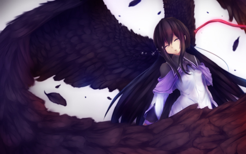 16:10_aspect_ratio, akemi_homura, black_hair, crying, feathers, high_resolution, long_hair, magical_girl