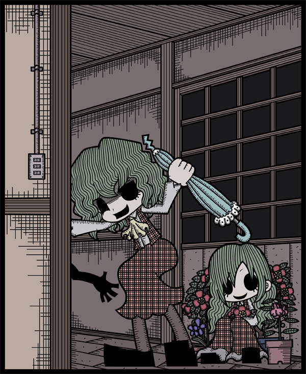 ascot, beating, closed_umbrella, dual_persona, flower, genkidaun, green_hair, kazami_yuuka