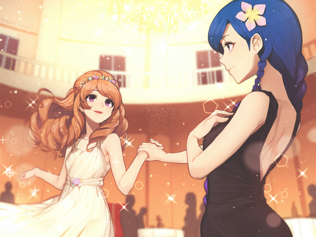 1024x768_wallpaper, 4:3_aspect_ratio, aikatsu!, back, ballroom, bare_back, black_dress, black_outfit, braid, dancing, dress, female, flower, hair_flower, hair_ornament, hand_on_chest, head_wreath, himesato_maria, hitoto, indoors, kazesawa_sora, long_hair, mole, ringlets, room, twitter, wallpaper, wallpaper_4:3_ratio, white_dress, white_outfit