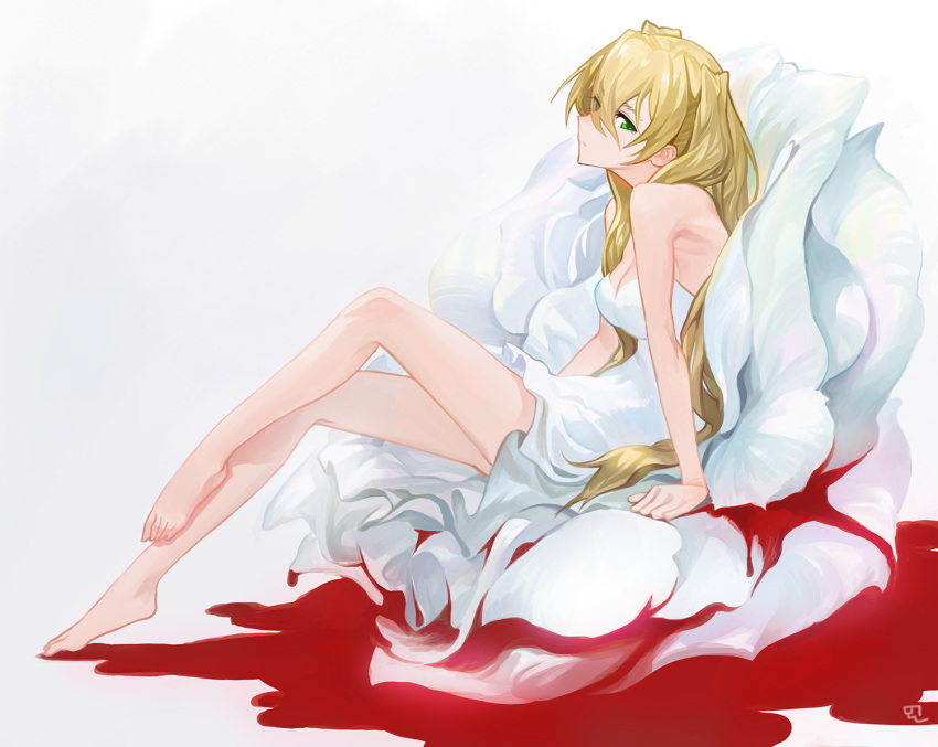 1girl, bare_legs, bare_shoulders, barefoot, blonde_hair, breasts, cleavage, dress