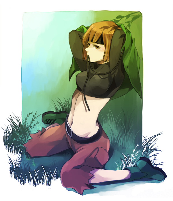 1girl, 70sk, bad_id, belt, boots, brown_eyes, brown_hair, cape, grass, gym_leader, headband, impossible_shirt, midriff, natane_(pokemon), pokemon, pokemon_(game), pokemon_dppt, short_hair, shorts