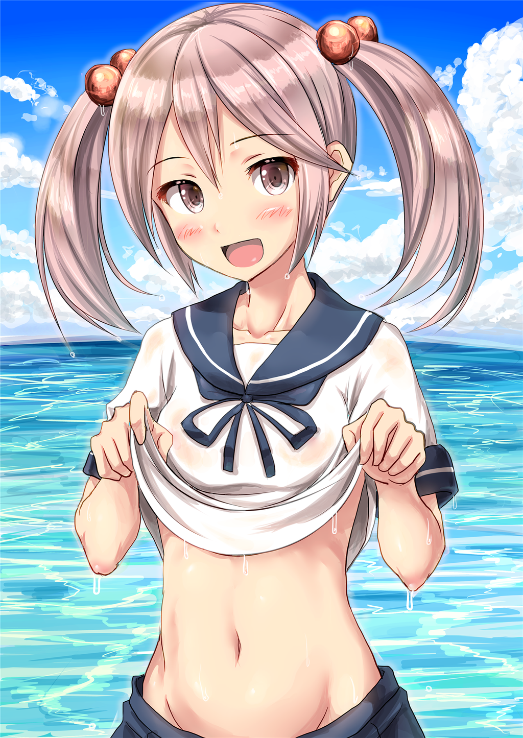 1girl, :d, blush, clouds, feesu_(rinc7600), flat_chest, hair_bobbles, hair_ornament