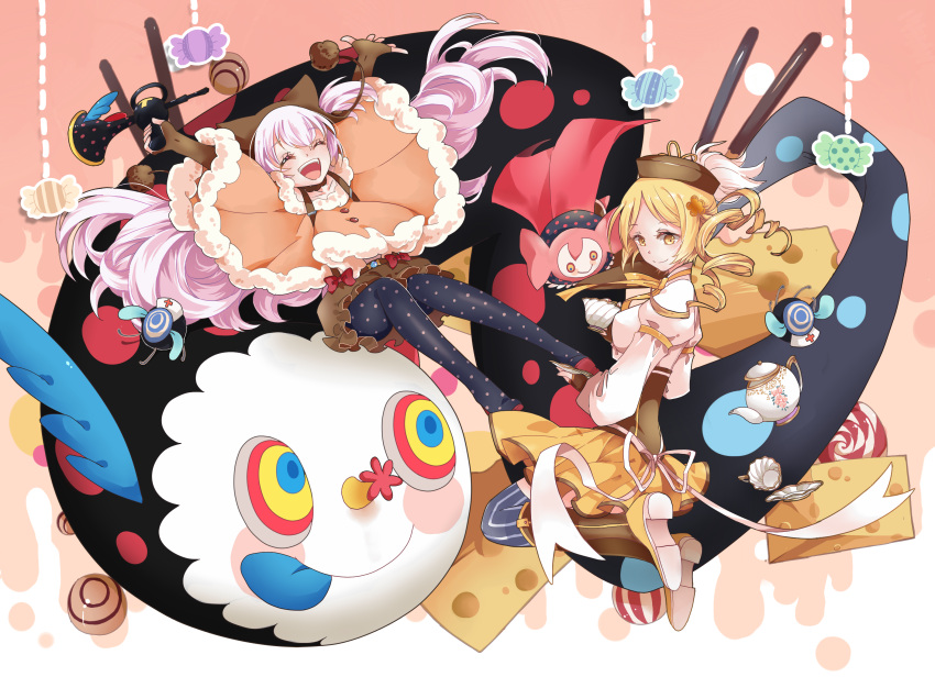 2girls, ^_^, animal_hat, blonde_hair, candy, charlotte_(madoka_magica), closed_eyes, cup
