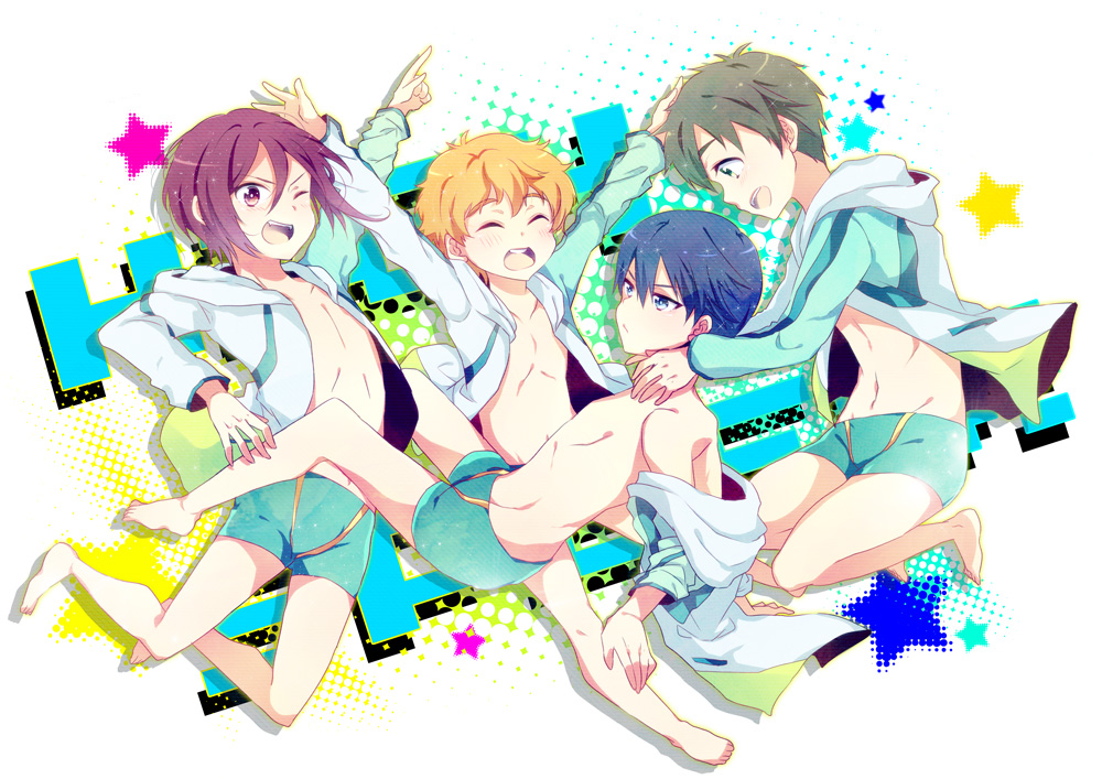 barefoot, black_hair, blonde_hair, blue_eyes, blush, brown_hair, chiaki_(lalaxxx), child, closed_eyes, fangs, free!, hazuki_nagisa, high_speed!, jacket, male_focus, matsuoka_rin, multiple_boys, nanase_haruka_(free!), one_eye_closed, red_eyes, redhead, short_hair, smile, swim_briefs, tachibana_makoto, younger