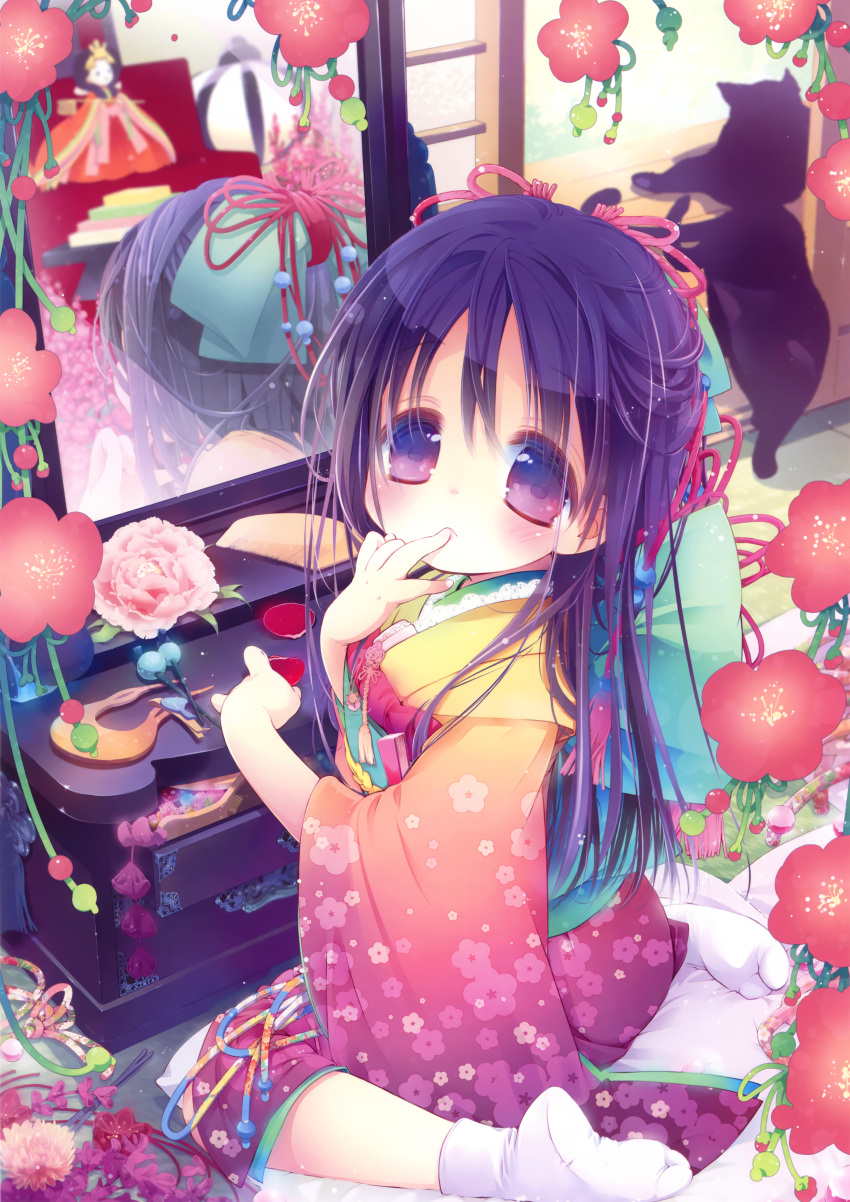 1girl, absurdres, bow, cat, chest_of_drawers, child, comb, doll
