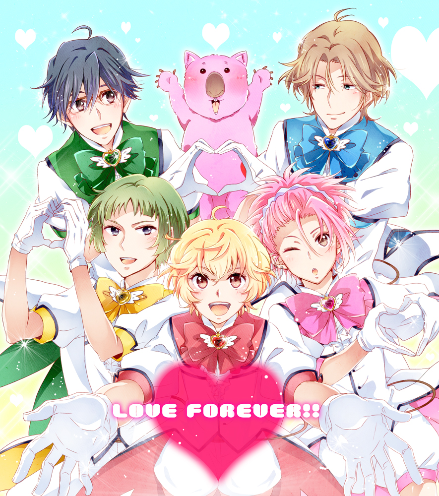 5boys, ahoge, binan_koukou_chikyuu_bouei-bu_love!, blonde_hair, blue_eyes, blue_hair, blush, brown_eyes