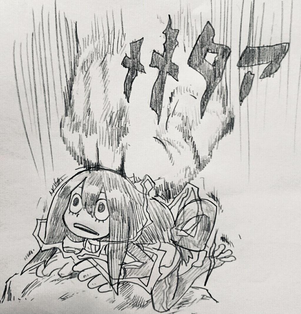 /\/\/\, 1girl, asui_tsuyu, bodysuit, boku_no_hero_academia, eyelashes, frog_girl, gloves, hair_rings, imai_kitoke, jojo_no_kimyou_na_bouken, long_hair, low-tied_long_hair, open_mouth, parody, photo, traditional_media, webbed_feet