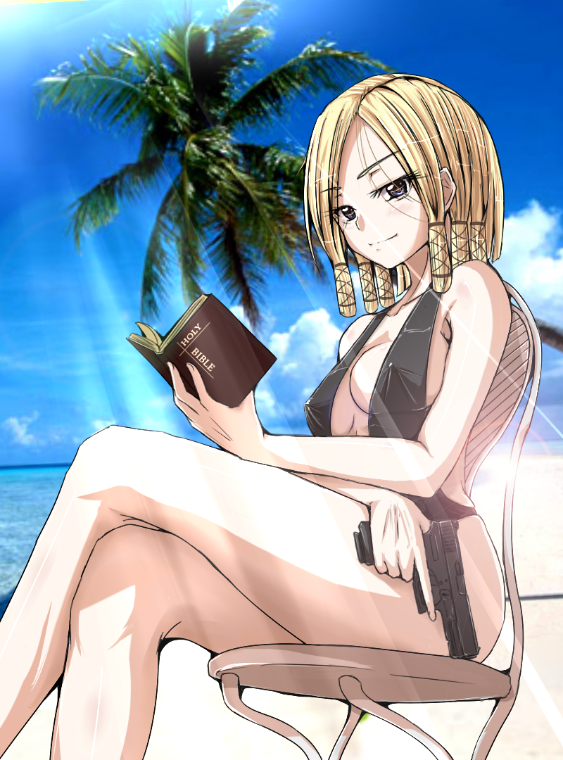 1girl, beach, bible, blonde_hair, book, breasts, female, gun