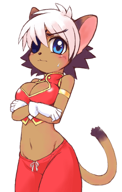 1girl, :{, alicia_priss, animal_ears, blush, breasts, cat_ears, dark_skin, eyepatch, gloves, multicolored_hair, short_hair, solo, sotto, sweat, tail, tail_concerto, two-tone_hair, white_hair