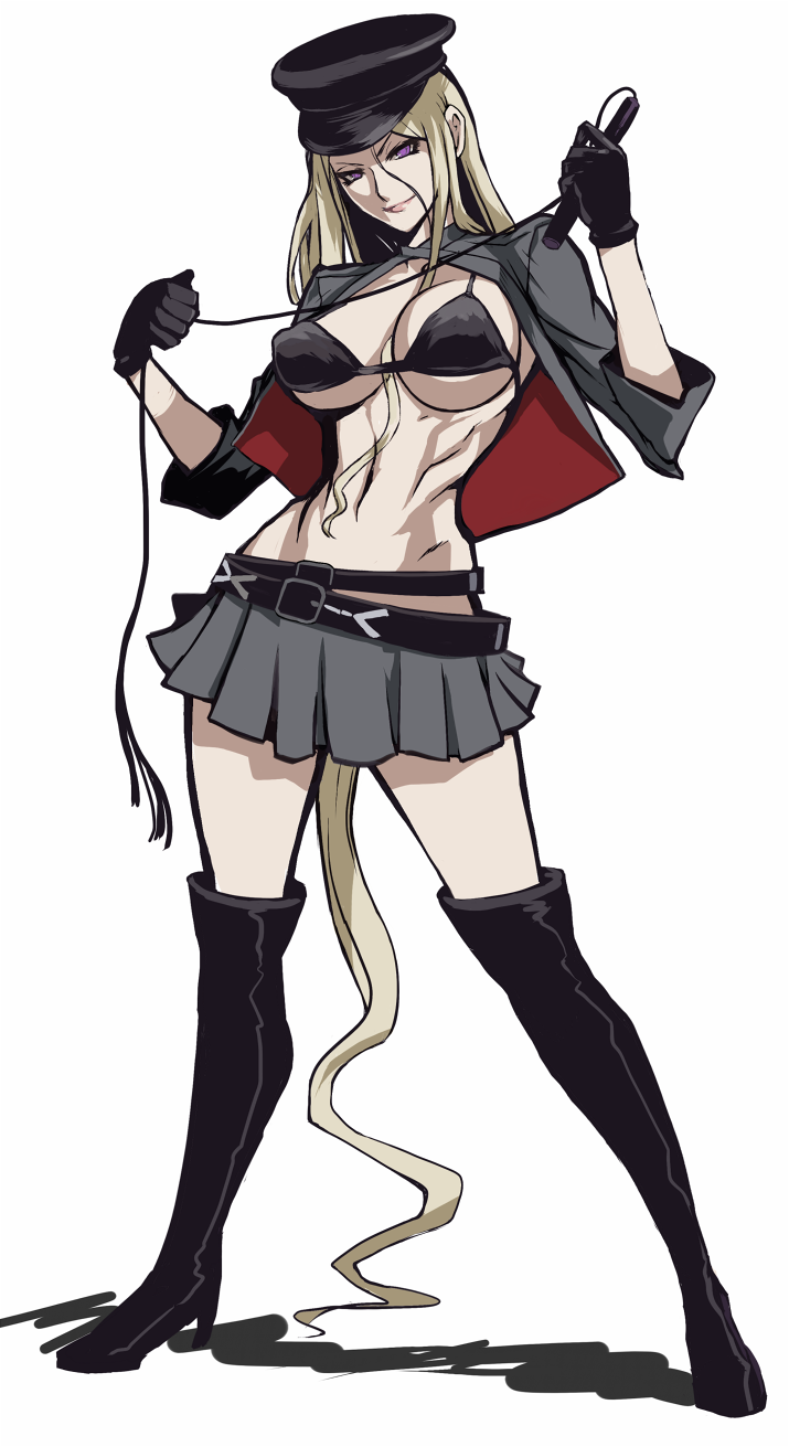 1girl, bikini, bikini_top, bishamonten_(noragami), black_bikini, black_gloves, blonde_hair, boots