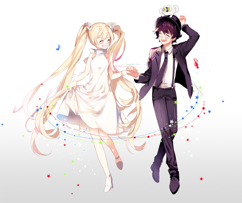 1boy, 1girl, blonde_hair, brown_hair, dancing, dress, hat, highres