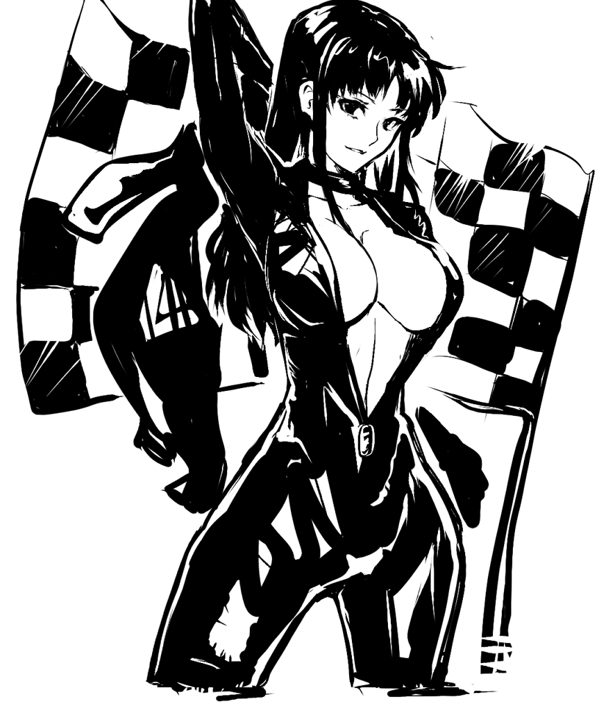 1girl, arm_up, bodysuit, breasts, catsuit, checkered, checkered_flag, choker