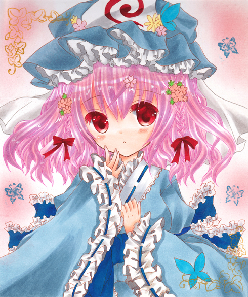 1girl, asa1014, bell, braid, butterfly, hair_bell, hair_ornament, hat