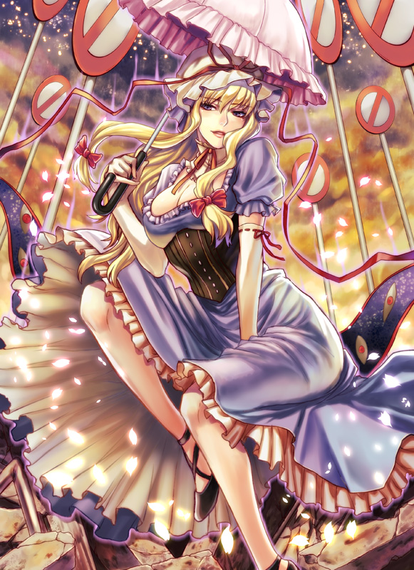 1girl, bare_legs, black_shoes, bow, breasts, cleavage, commentary_request, corset