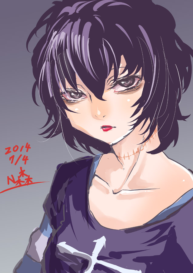1girl, bags_under_eyes, black_hair, black_lagoon, casual, cross, lipstick, makeup