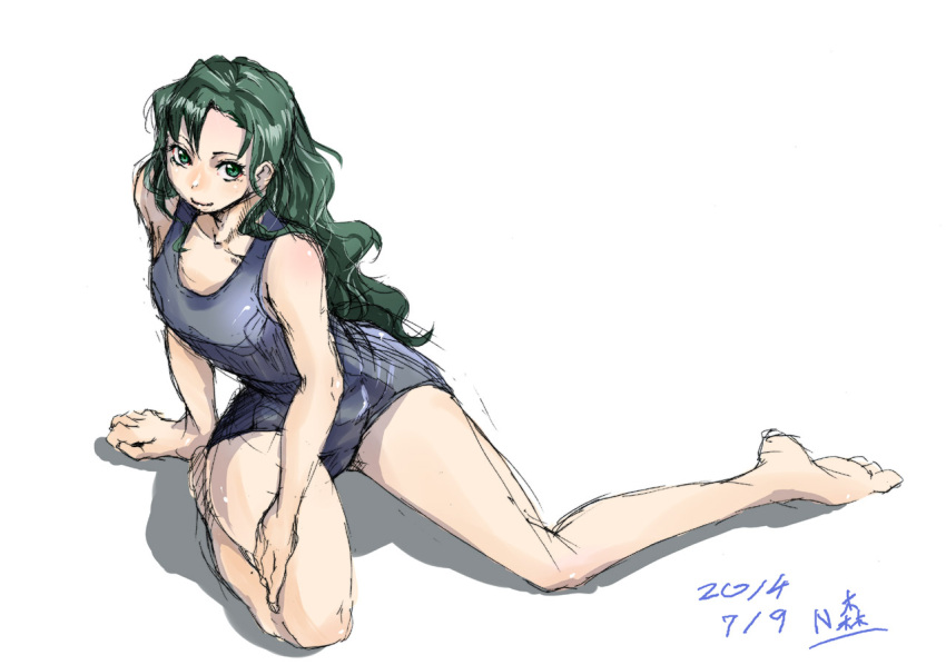 1girl, alternate_hair_length, alternate_hairstyle, barefoot, black_lagoon, casual, fabiola_iglesias, green_eyes, green_hair, hair_down, long_hair, n-mori, short_shorts, shorts, sitting, small_breasts, smile, solo, tank_top, toes