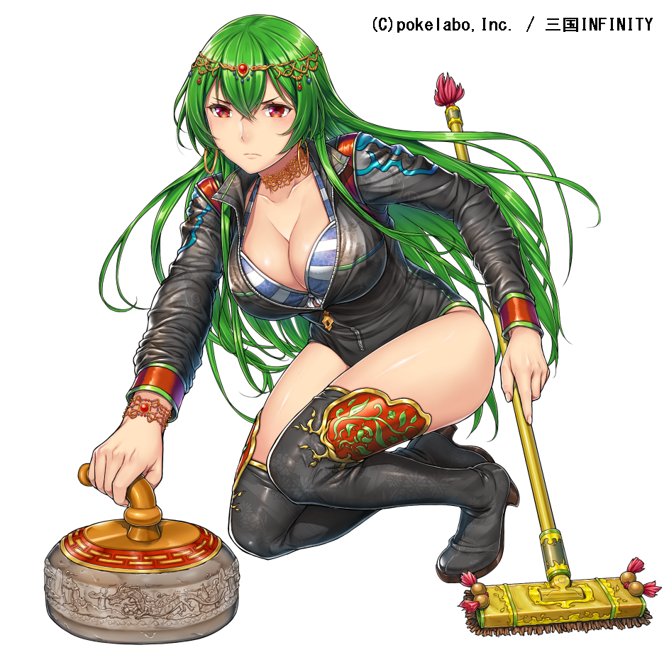 >:(, 1girl, boots, broom, circlet, company_name, copyright_name, curling, curling_stone, earrings, green_hair, jewelry, komase_(jkp423), leotard, long_hair, red_eyes, sangoku_infinity, shokatsuryou_(sangoku_infinity), simple_background, solo, squatting, thigh-highs, thigh_boots, unzipped, very_long_hair, white_background