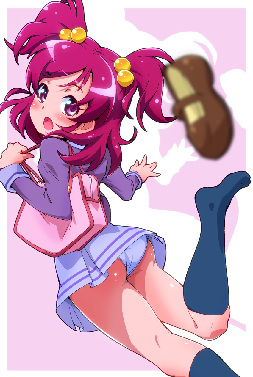 1girl, :o, bag, black_legwear, blush, brown_shoes, footwear_removed, hair_bobbles, hair_ornament, highres, kneehighs, looking_back, panties, pantyshot, pantyshot_(standing), pink_eyes, pink_hair, precure, purple_skirt, ryuuta_(cure_ryuuta), school_uniform, shoes, short_hair, skirt, solo, standing, two_side_up, underwear, white_panties, yes!_precure_5, yumehara_nozomi