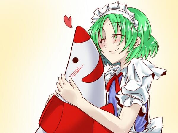 1girl, blush, closed_eyes, eitaisa, green_hair, heart, hug, maid