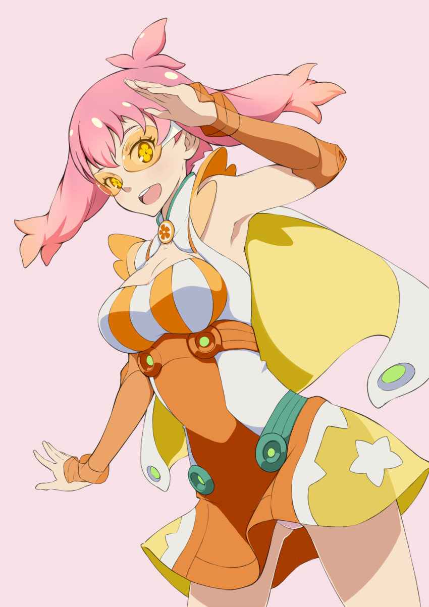 1girl, :d, armpits, breasts, cape, cleavage, dress, dutch_angle
