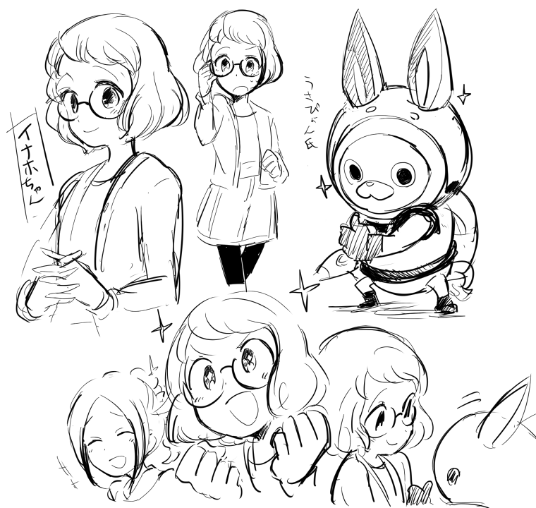 2girls, animal_ears, character_name, clenched_hand, glasses, hands_together, helmet, ishinomori_yuuka, misora_inaho, monochrome, multiple_girls, neko_ni_chikyuu, open_mouth, rabbit_ears, short_hair, sketch, smile, spacesuit, sparkle, usapyon, white_background, youkai, youkai_watch, youkai_watch_3