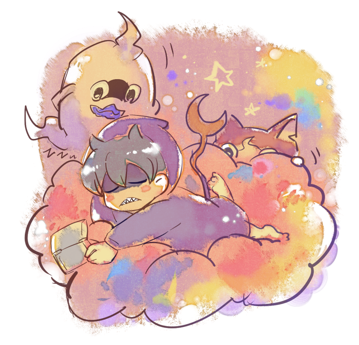 1boy, barefoot, blush, cat, closed_eyes, ghost, hood, jibanyan