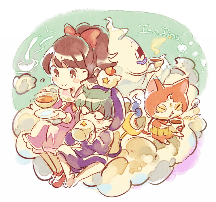 1boy, 1girl, black_tea, blush_stickers, brown_hair, cat, closed_eyes, cup