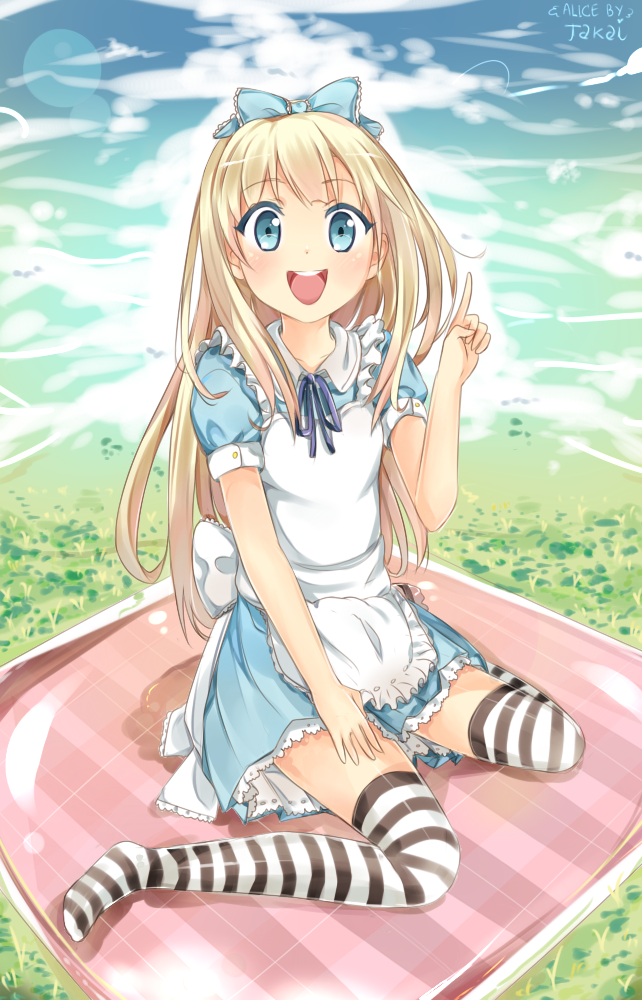 1girl, alice_(wonderland), alice_in_wonderland, apron, blonde_hair, blue_eyes, blush, bow, dress, hair_bow, long_hair, pointing, ribbon, smile, solo, striped, striped_legwear, takai_seika, thigh-highs, waist_apron