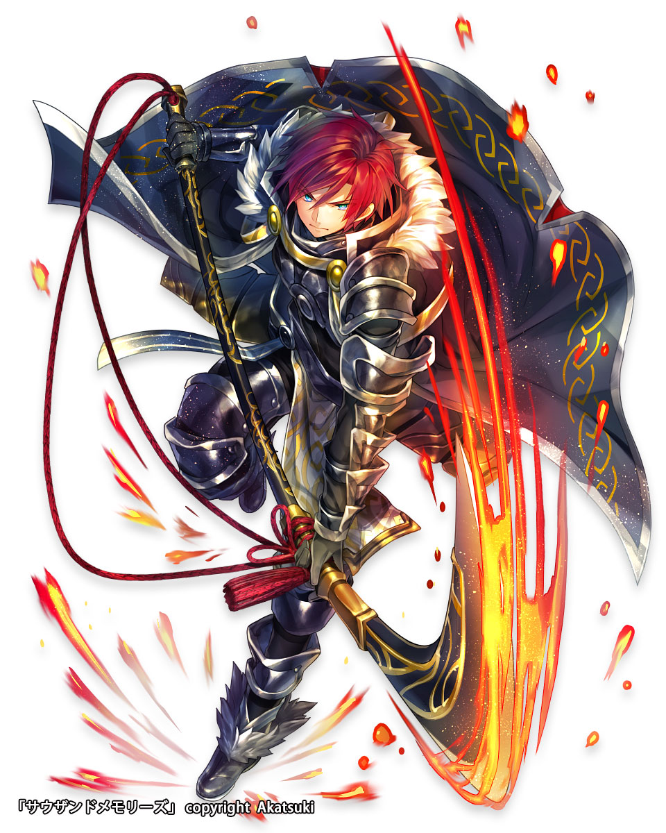 1boy, aqua_eyes, armor, commentary_request, fur-trimmed_cape, highres, naginata, polearm