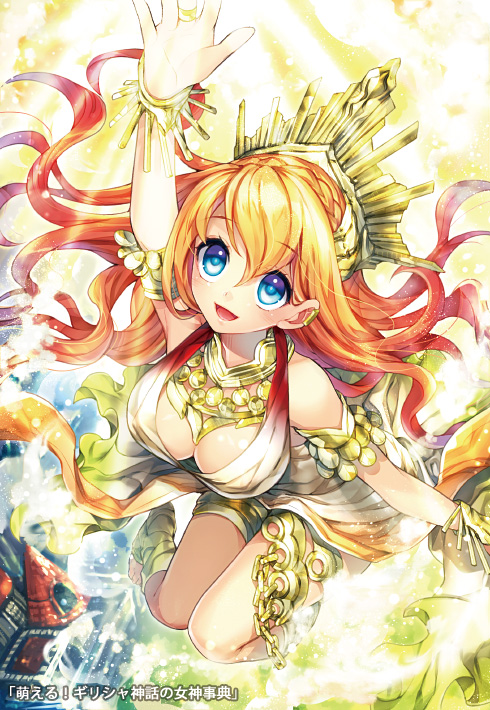 1girl, :d, armlet, blue_eyes, bracelet, breasts, cleavage, commentary_request, greek_mythology, headpiece, hemera_(mythology), jewelry, large_breasts, long_hair, moeru!_jiten, moeru!_megami_jiten, open_mouth, orange_hair, outstretched_arm, renta_(deja-vu), smile